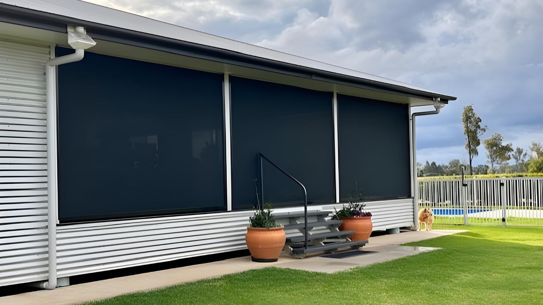 Outdoor blinds on Australian home showing shade and style by Ozrite