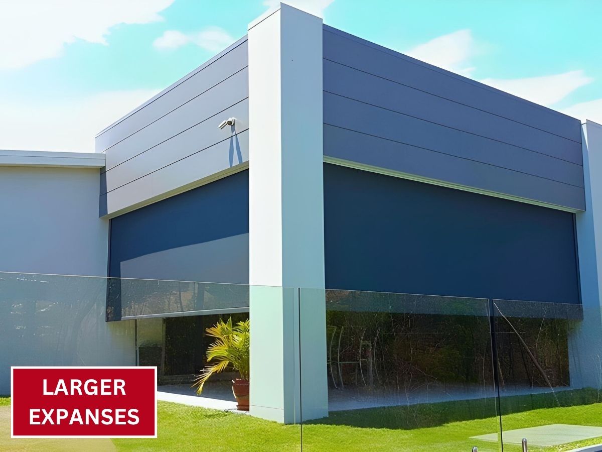HD Channel Outdoor Blinds covering large expanse providing sun protection for modern house – Ozrite