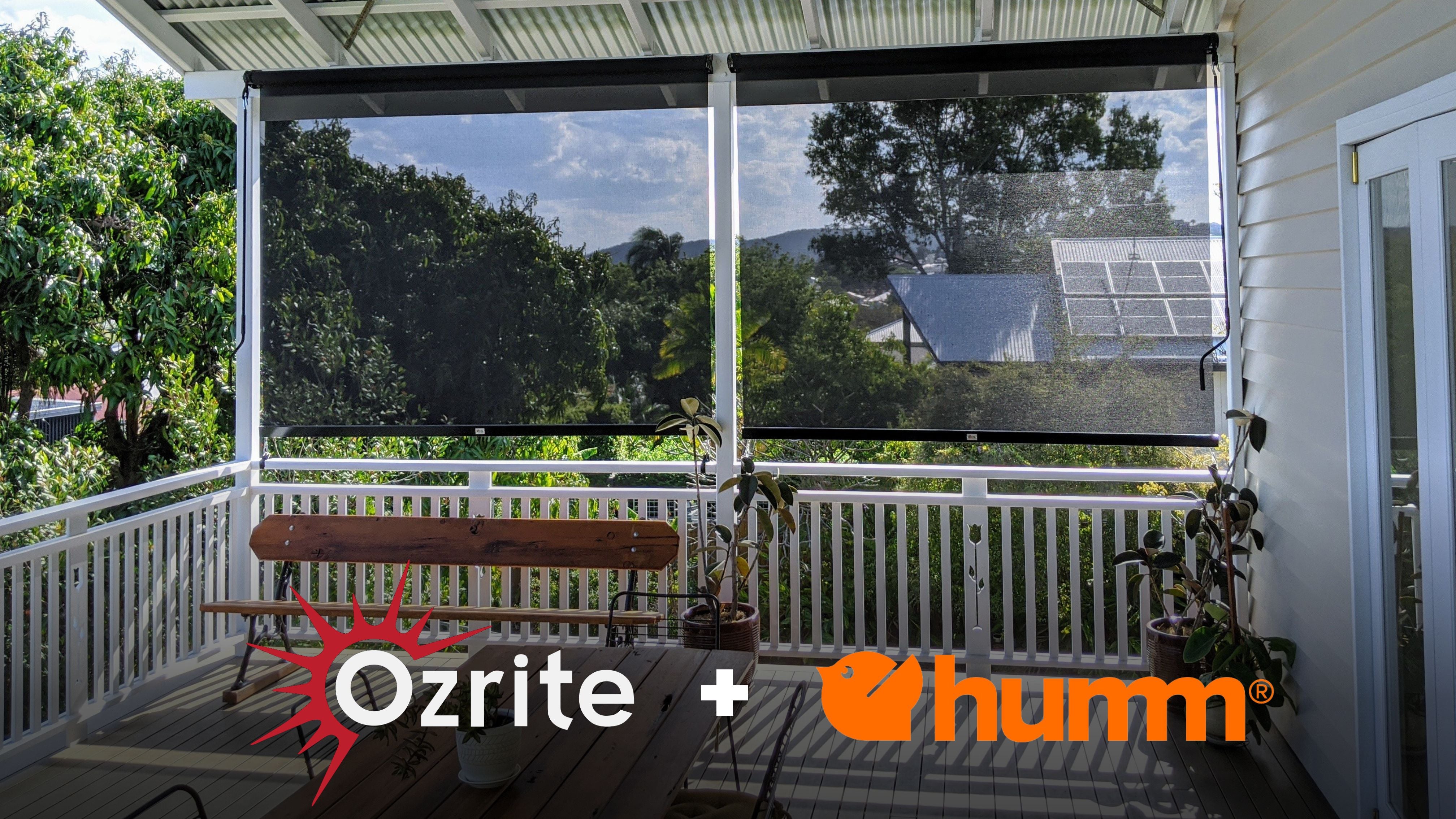 Ozrite outdoor blinds on a sunny patio with Humm® interest-free finance option for easy, flexible payments