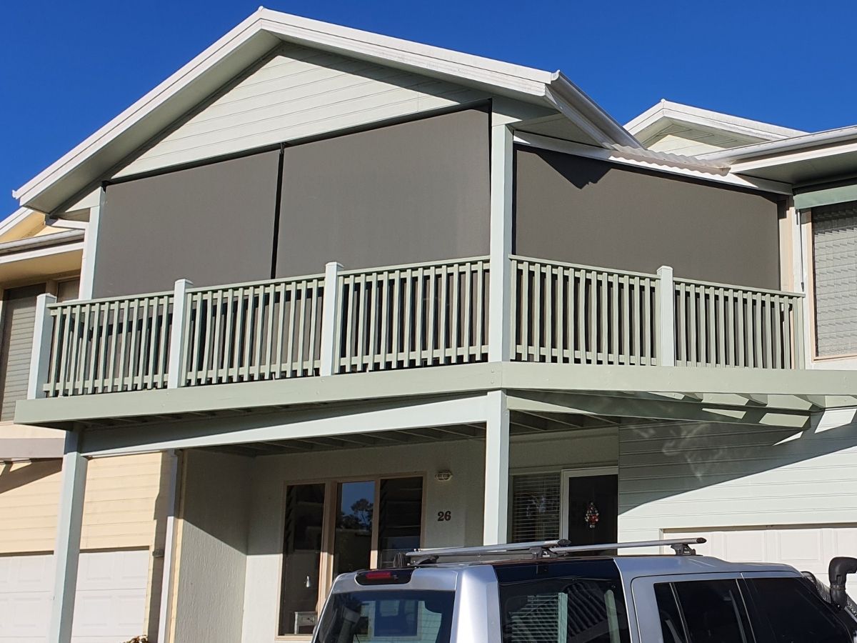 Customer install of Ozrite outdoor privacy blinds in Sydney, providing year-round privacy for a balcony and outdoor living area.