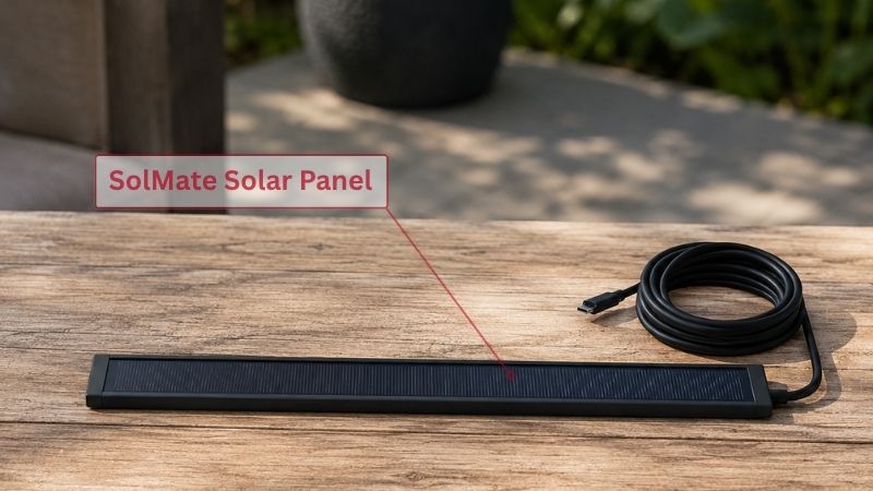 SolMate slim profile eco solar charging panel with plug and play terminal line cable for off-grid blind motor battery charging.