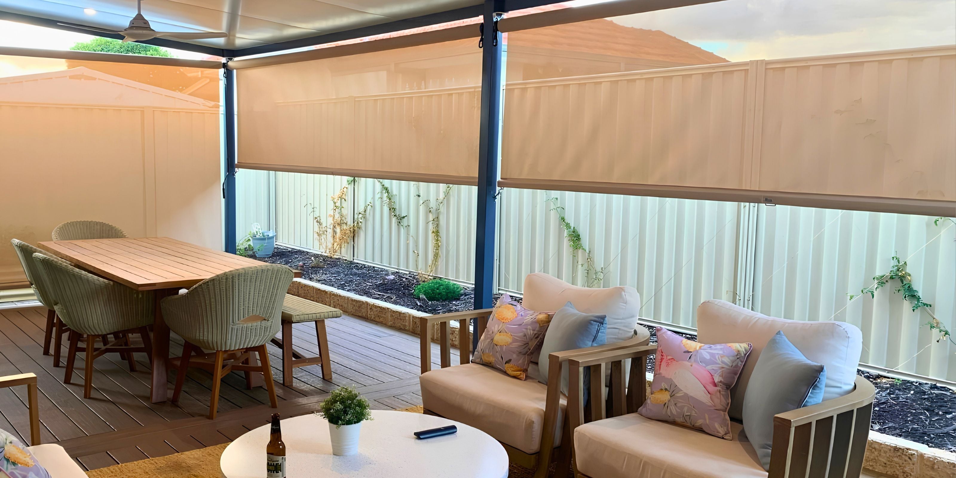 Wind It Down Clip It In trackless custom DIY outdoor blinds installed on a premium patio space