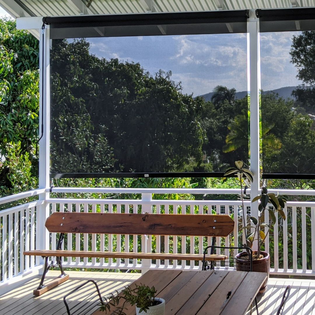 Ozrite outdoor blind mesh on a balcony showing a clean view after regular maintenance