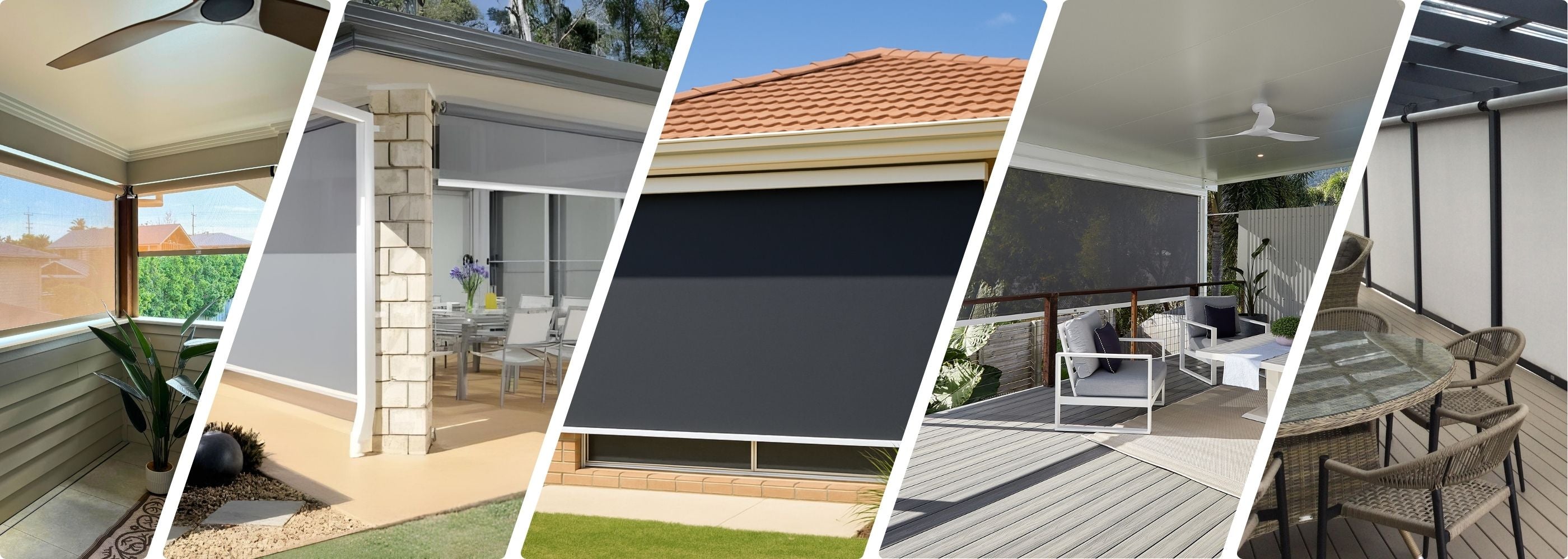 Collage of outdoor blinds in different Australian homes, showing various styles for shade, wind protection, and privacy.