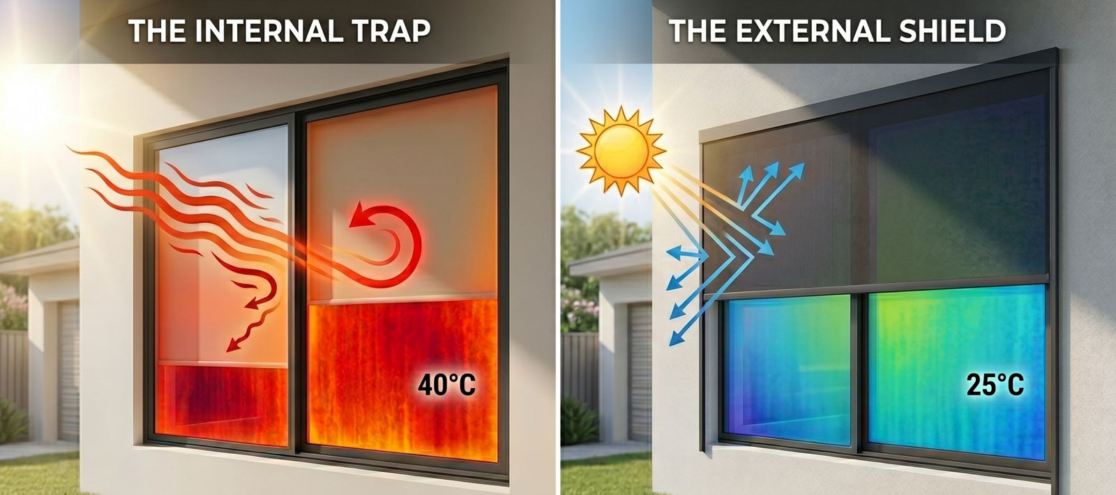 Thermal diagram showing external outdoor blinds blocking sun before it reaches glass