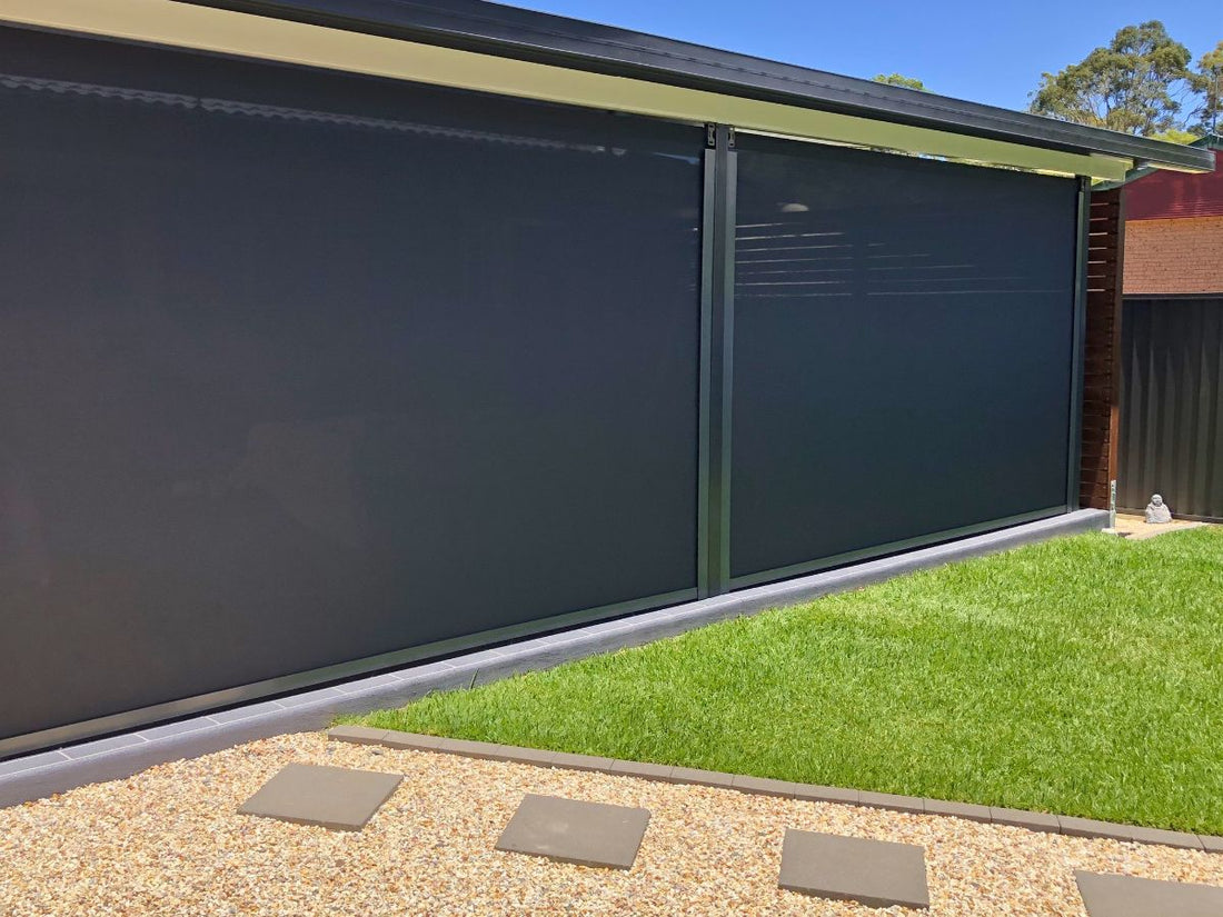 HD Channel outdoor blind installed across a wide patio opening
