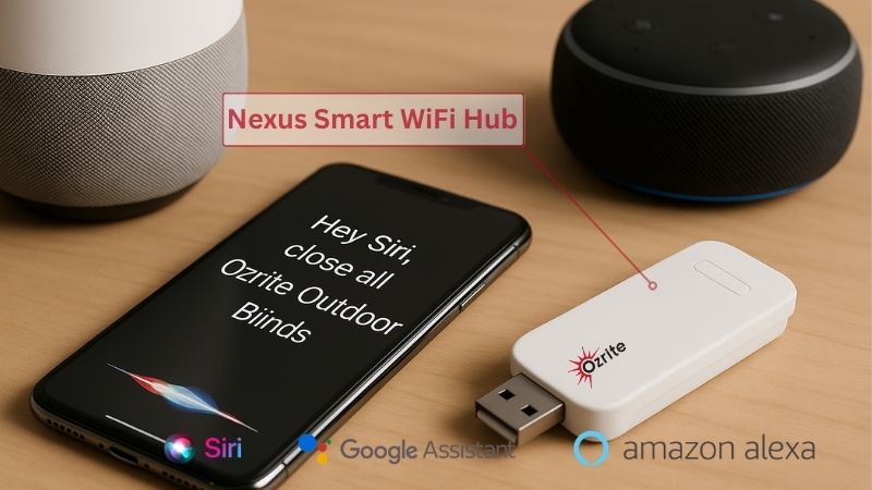 Ozrite Automation Nexus Smart WiFi Hub next to a smartphone displaying voice control compatibility with Apple Siri, Google Assistant, and Amazon Alexa.