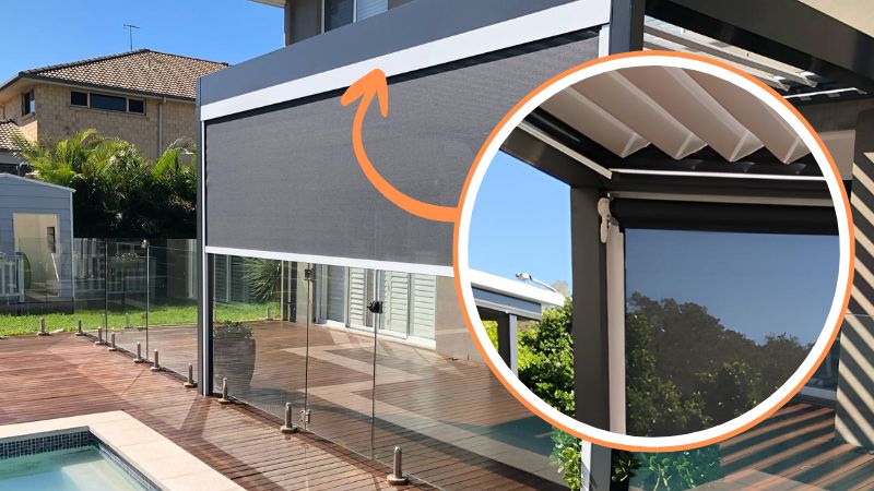 Outdoor blinds back flashing creating a clean external finish while protecting the motor from weather