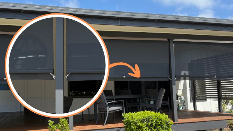 Outdoor blinds weather flap providing extra coverage at the bottom to close gaps and improve protection