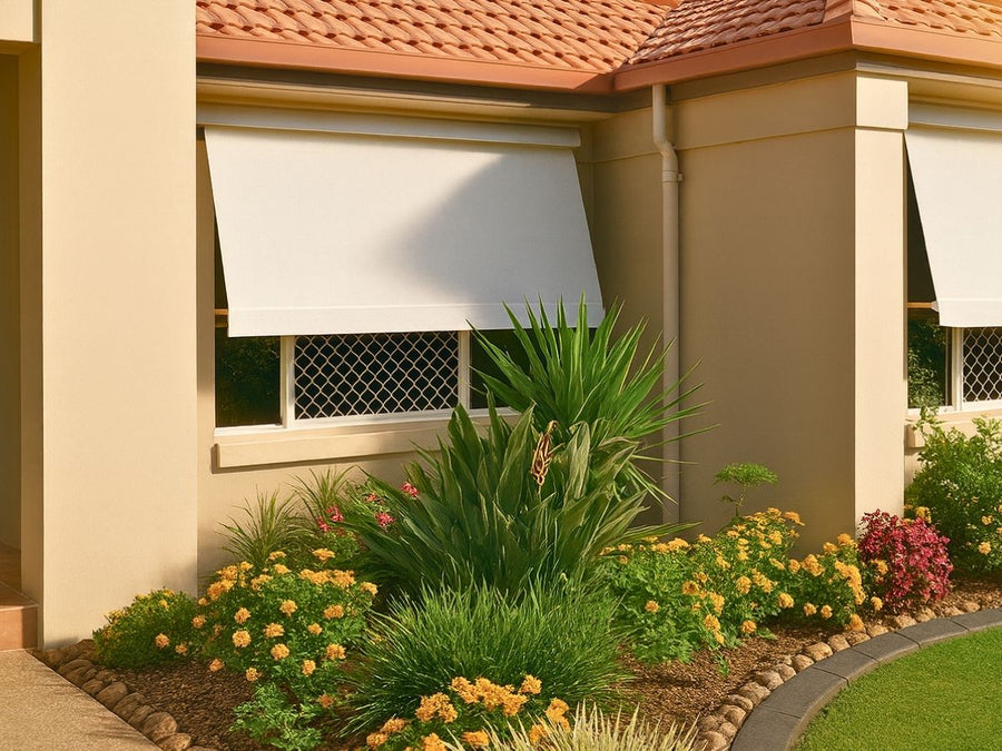 External blind fitted over a house window and door opening