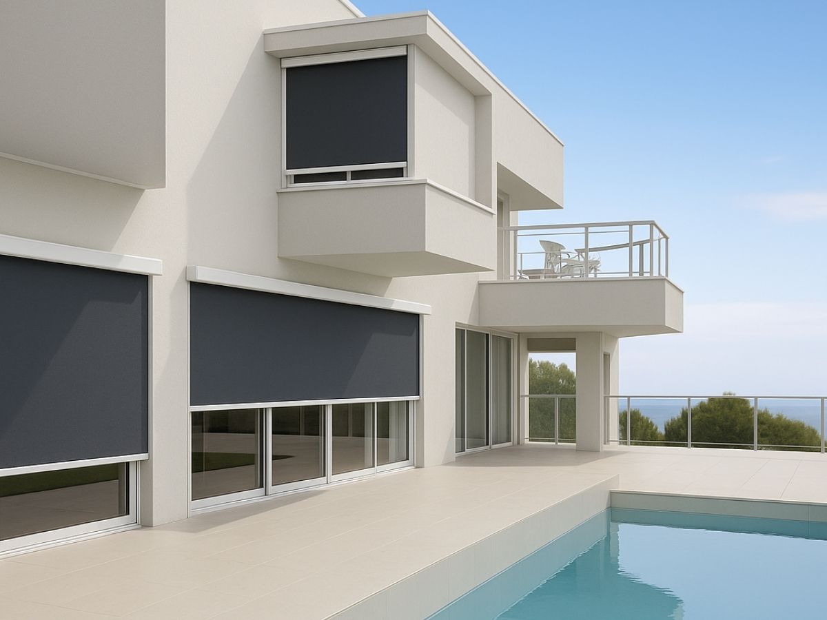 Cable Guided Outdoor Blinds on modern home providing sun protection for poolside living spaces – Ozrite