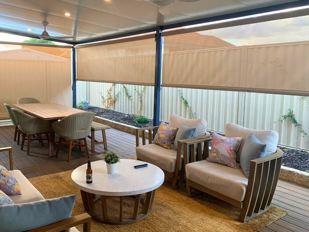 Paperbark Crank and Clip outdoor blind installed on a residential pergola