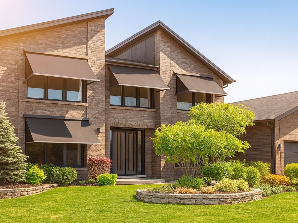 Pivot Arm Awning providing outdoor sunshade on modern brick home front windows with contemporary style – Ozrite