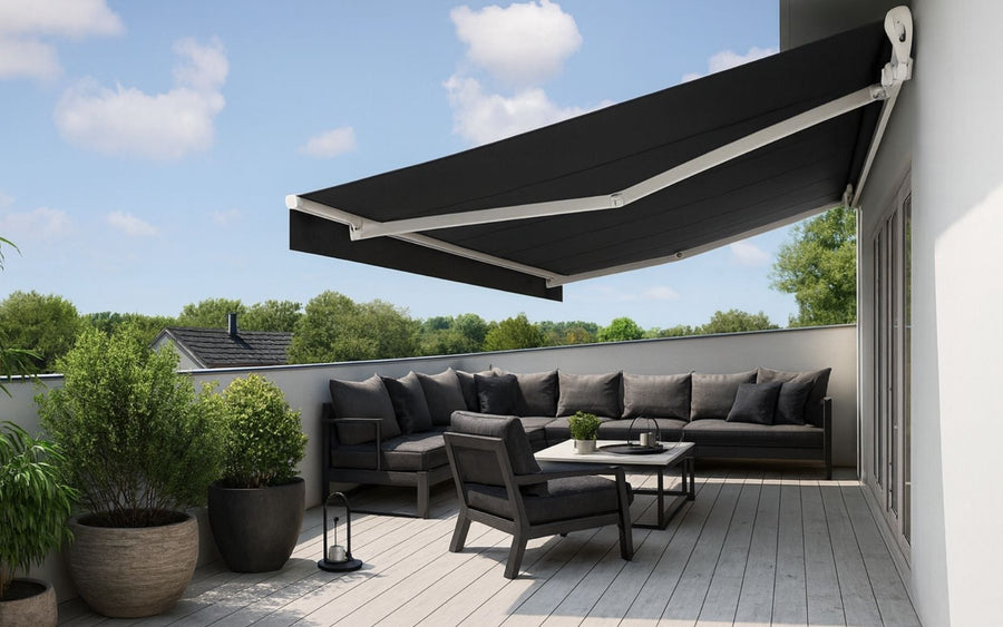 Retractable awning shading a patio from above