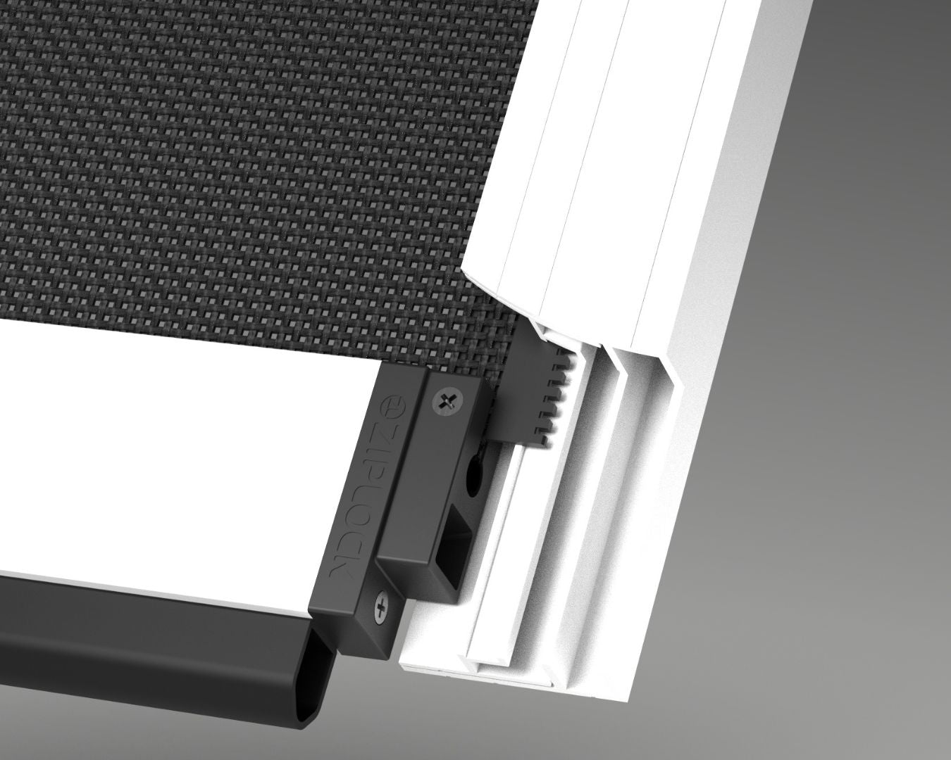 Detailed technical cross-section of the Ziplock edge track seal showing a heavy-duty zipper welded into the blind fabric to lock securely inside an aluminium side track channel.